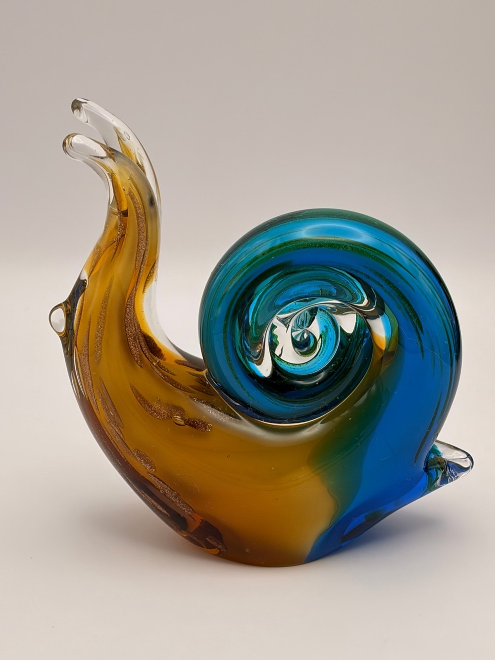 Art Glass, Snail Figurine/Paperweight, Blue, Caramel Brown with Gold Frit Flakes